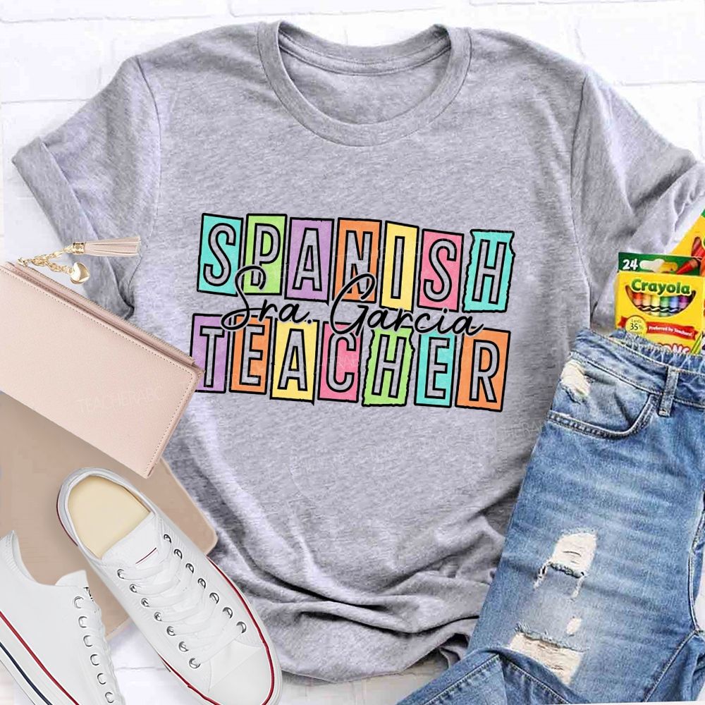 Personalized Name Spanish Teacher Color Block Letter Teacher T-shirt