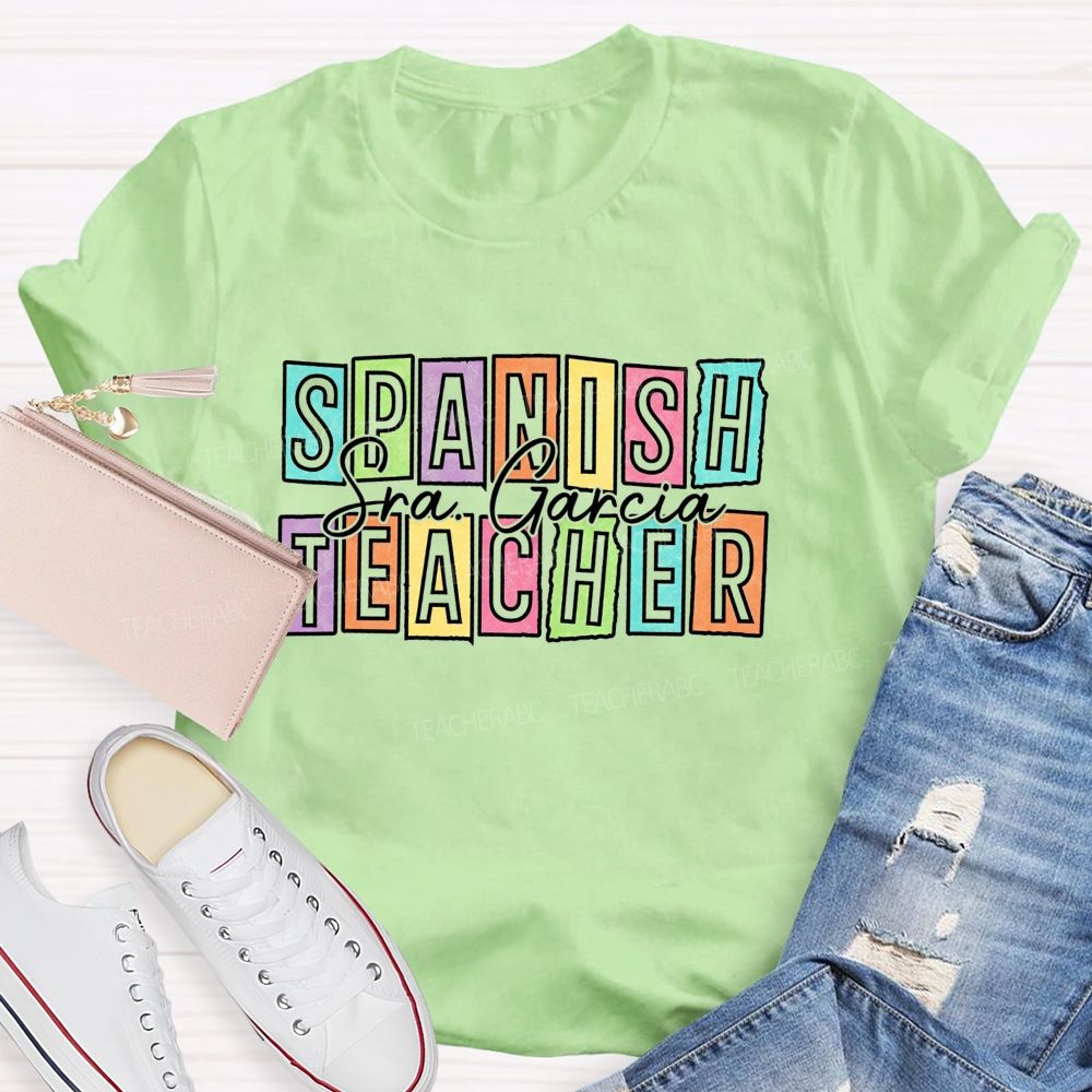 Personalized Name Spanish Teacher Color Block Letter Teacher T-shirt