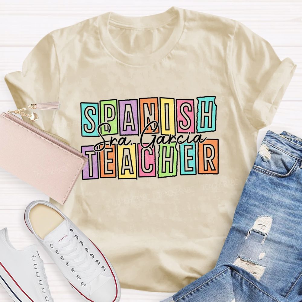 Personalized Name Spanish Teacher Color Block Letter Teacher T-shirt