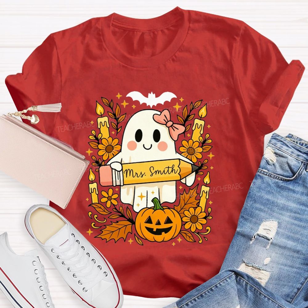 Personalized Name Fall Teacher Ghost Vibes T-shirt