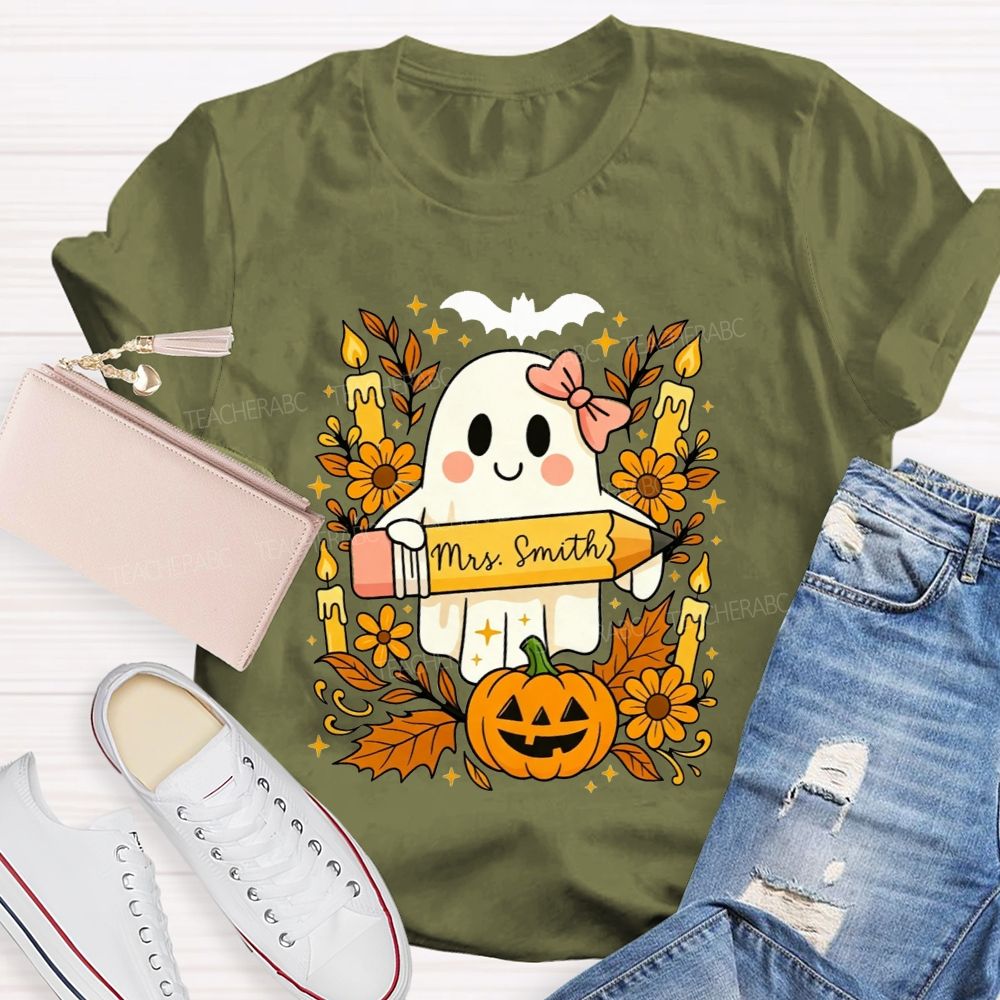 Personalized Name Fall Teacher Ghost Vibes T-shirt
