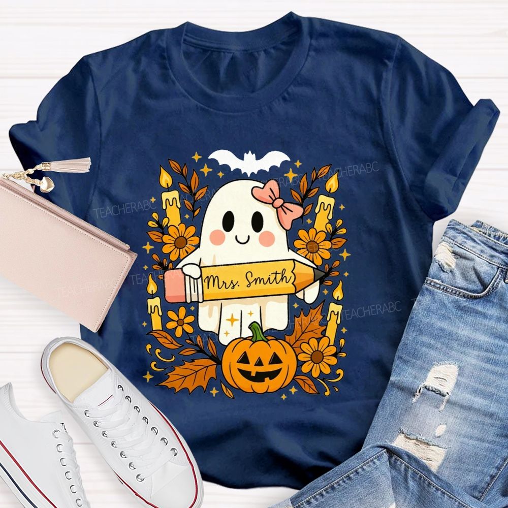 Personalized Name Fall Teacher Ghost Vibes T-shirt