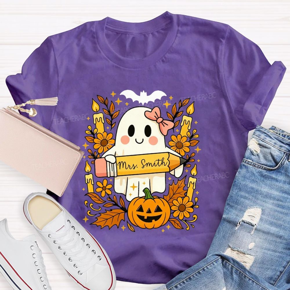 Personalized Name Fall Teacher Ghost Vibes T-shirt
