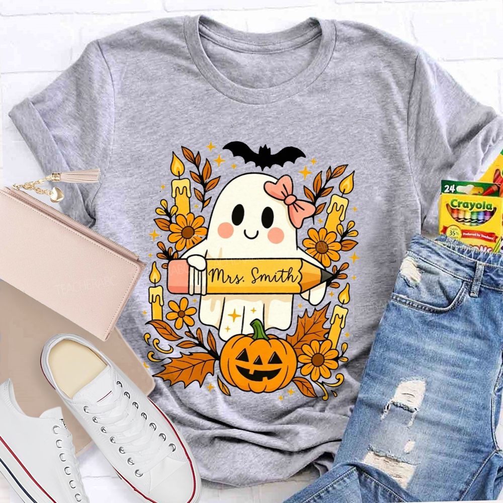 Personalized Name Fall Teacher Ghost Vibes T-shirt