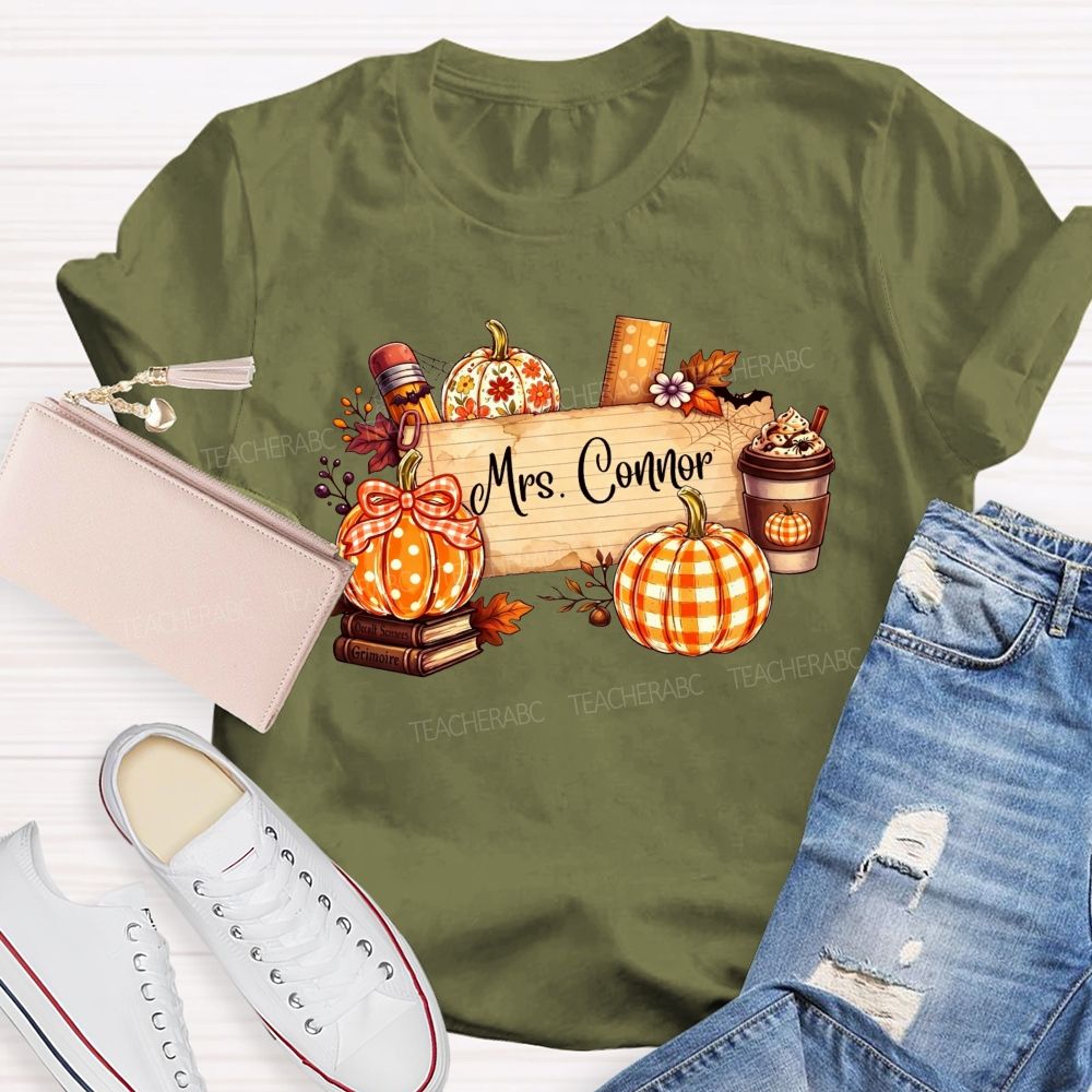Personalized Name Fall Teaching Moments With Pumpkins And Coffee T-shirt