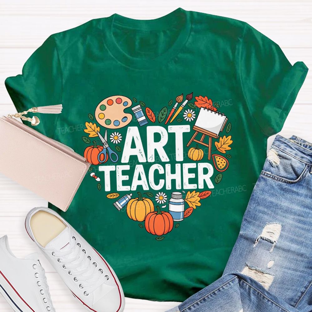 Fall Art Teacher Powered By Paint And Pumpkins Teacher T-shirt