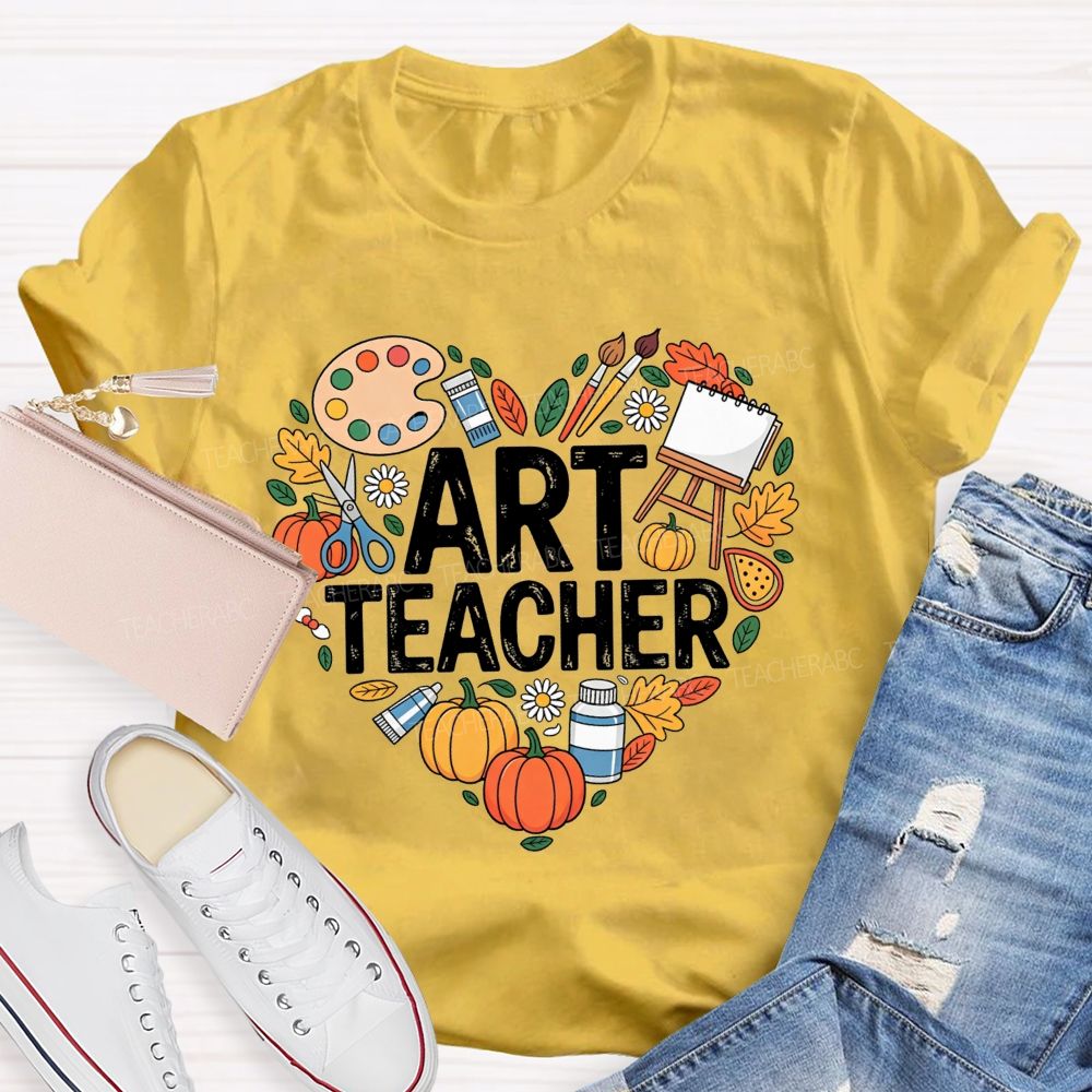 Fall Art Teacher Powered By Paint And Pumpkins Teacher T-shirt
