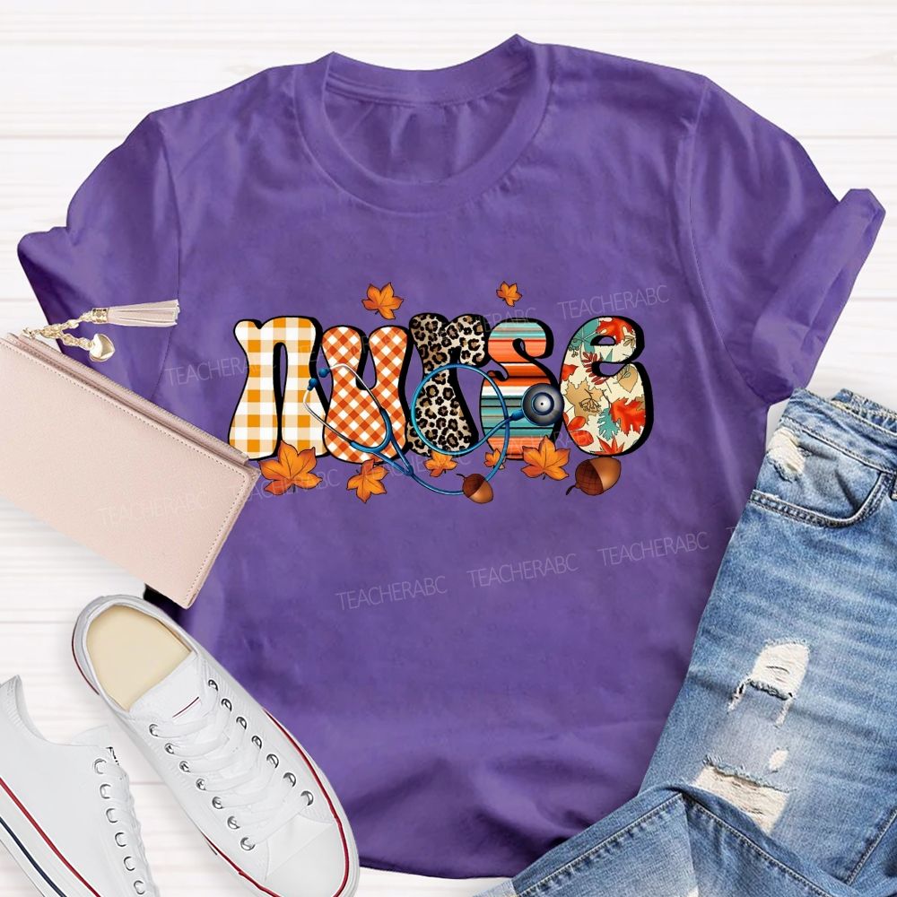 School Nurse Fall Leaves Fall Nursing Care Stays Steady T-shirt