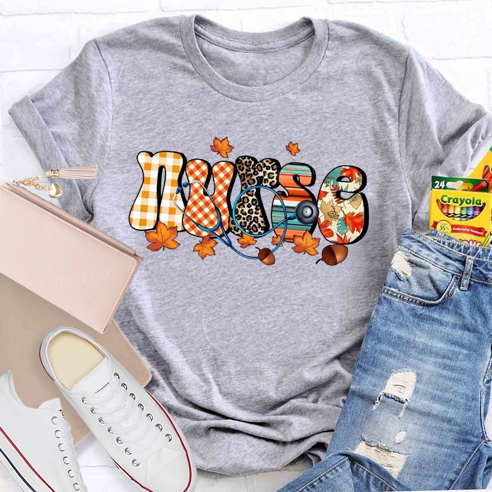 School Nurse Fall Leaves Fall Nursing Care Stays Steady T-shirt