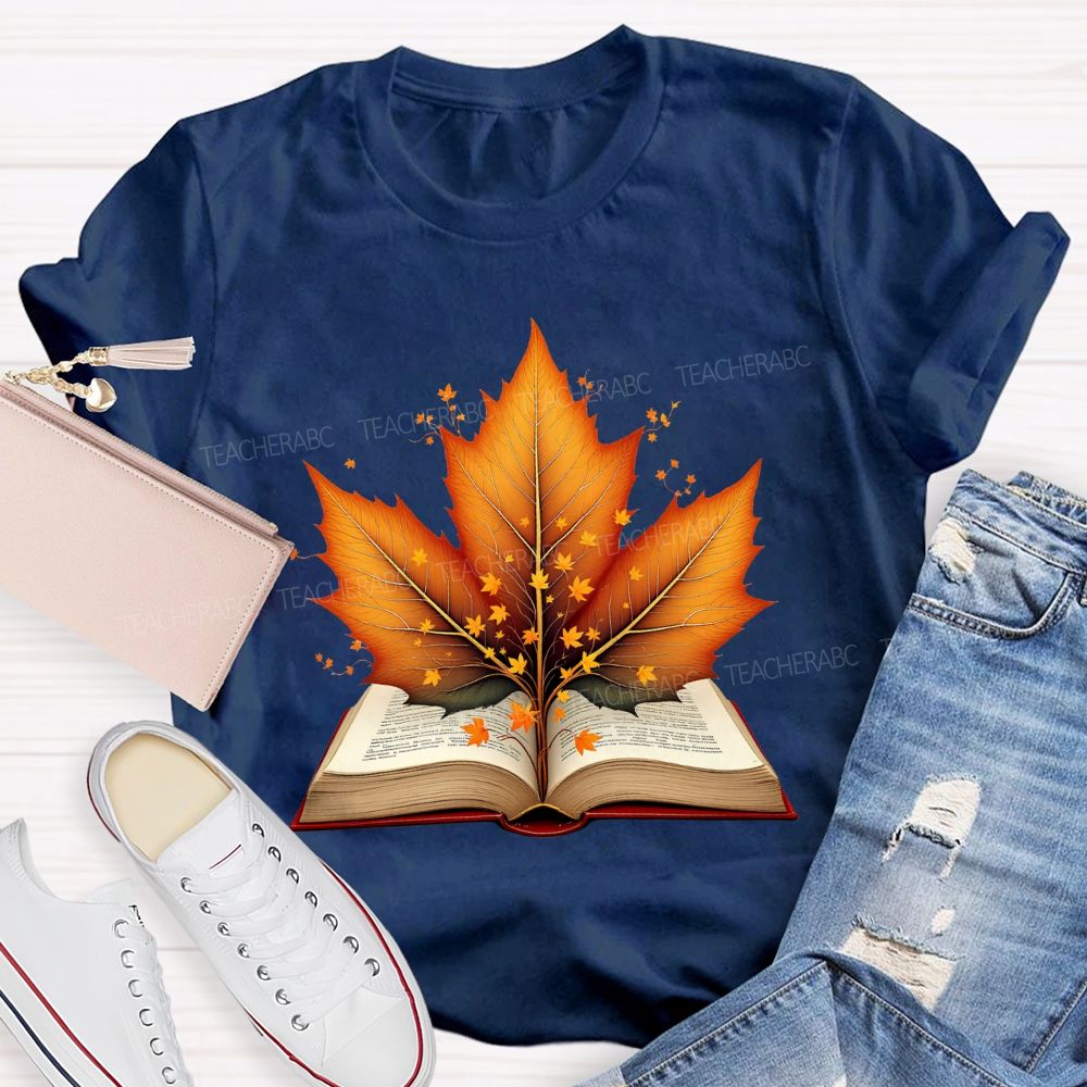 Books And Autumn Leaves Reading Brings Autumn Teacher T-shirt