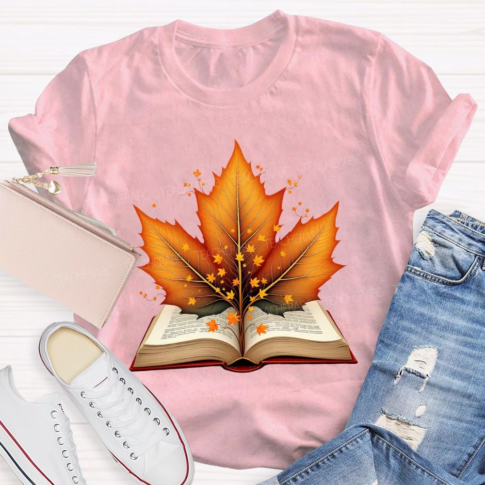 Books And Autumn Leaves Reading Brings Autumn Teacher T-shirt