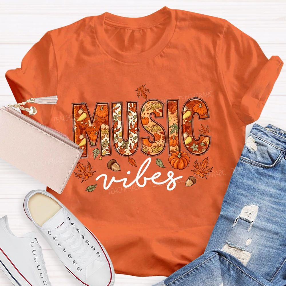 Maple Leaves And Melodies Fall Music Vibes Teacher T-shirt