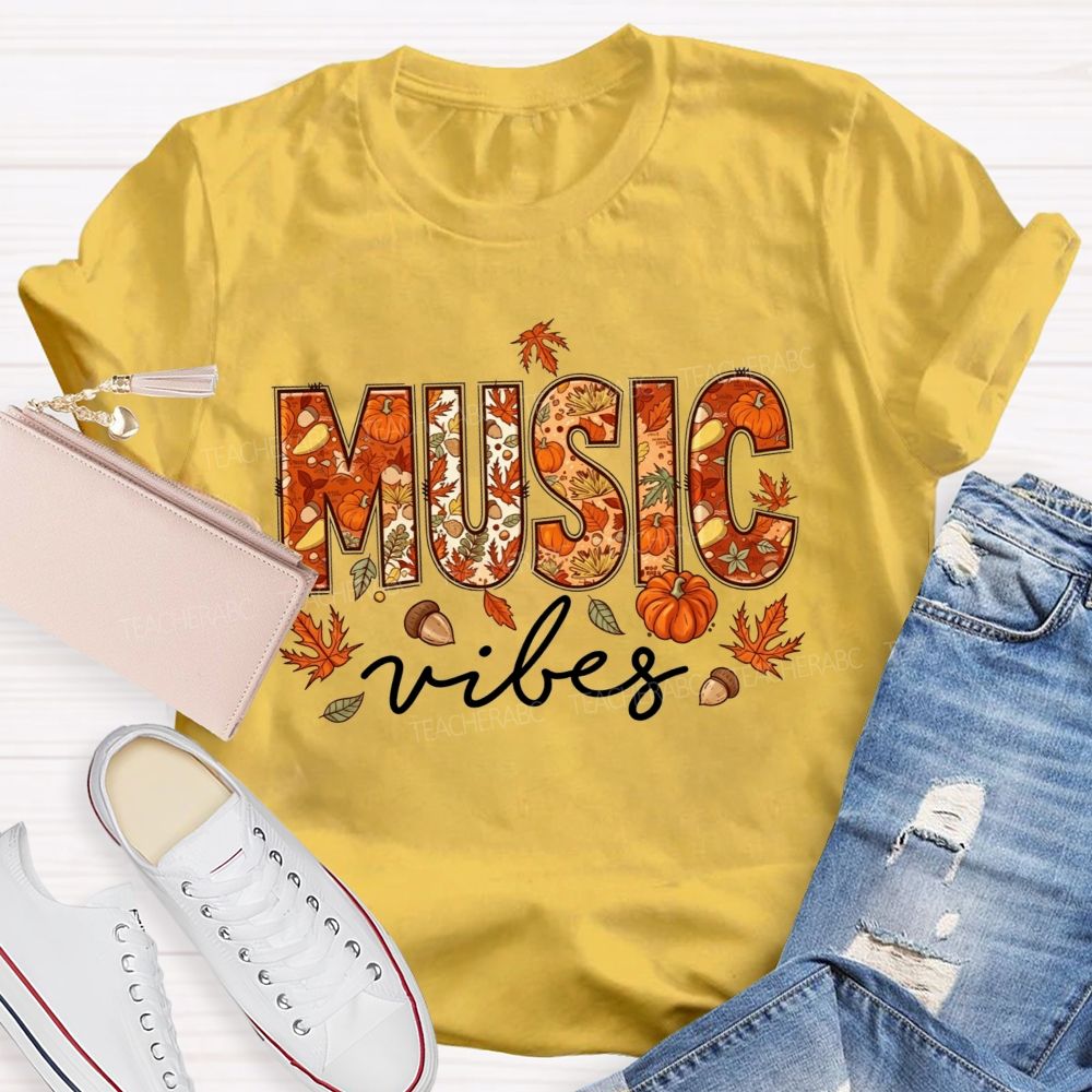 Maple Leaves And Melodies Fall Music Vibes Teacher T-shirt