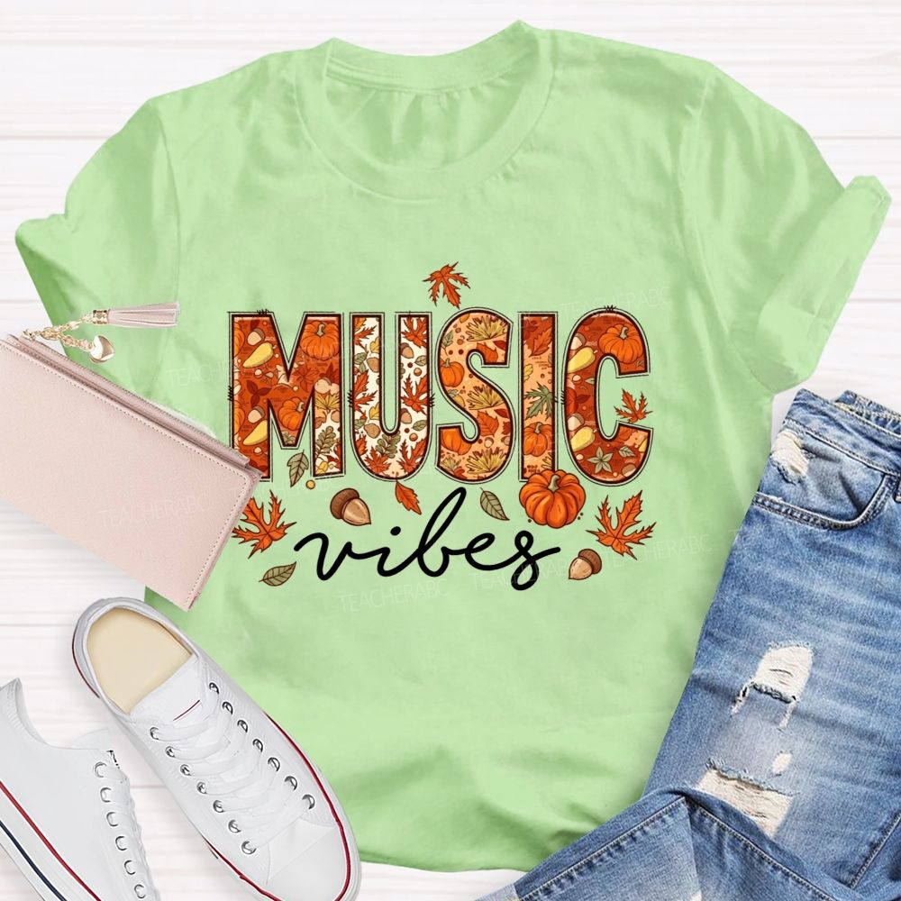 Maple Leaves And Melodies Fall Music Vibes Teacher T-shirt