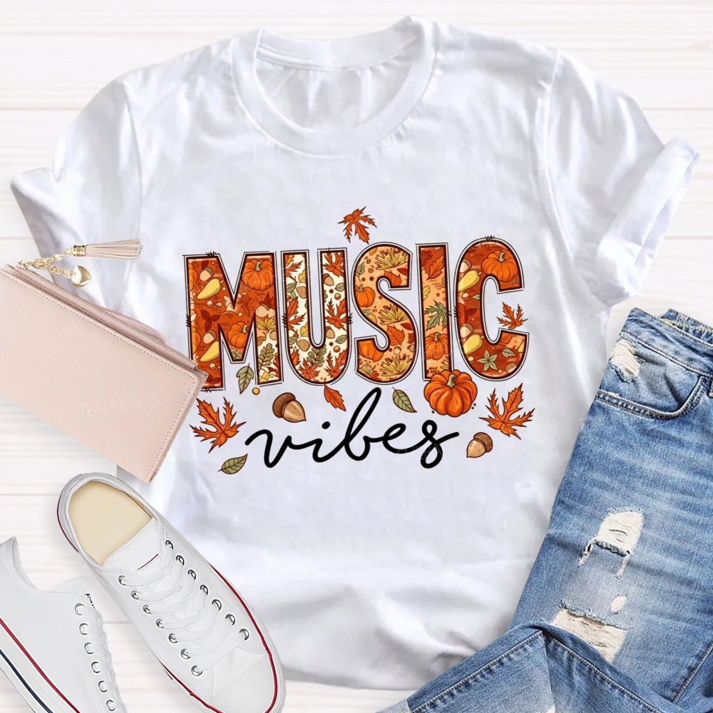 Maple Leaves And Melodies Fall Music Vibes Teacher T-shirt