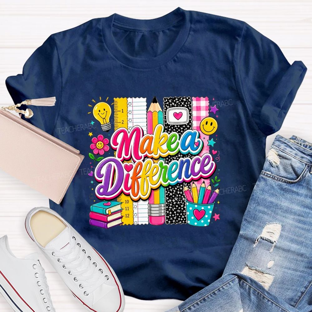 Make A Difference Teacher Rainbow Lettering Teacher T-shirt