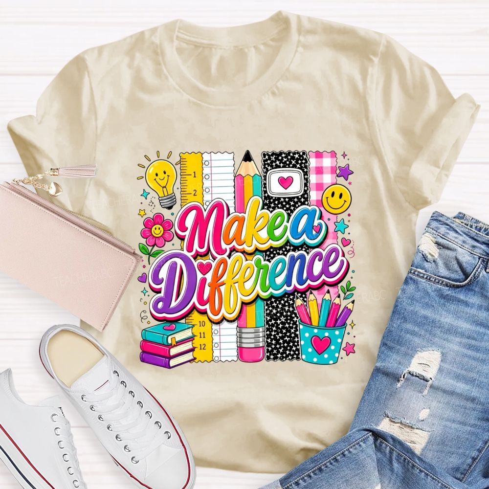 Make A Difference Teacher Rainbow Lettering Teacher T-shirt