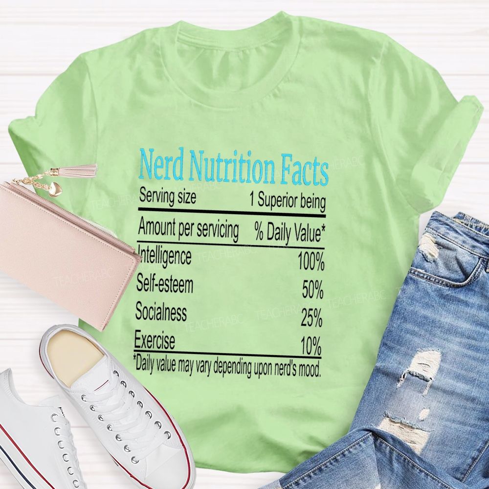 Nerd Nutrition Facts Daily Value May Vary Depending Upon Nerd'S Mood Teacher T-shirt