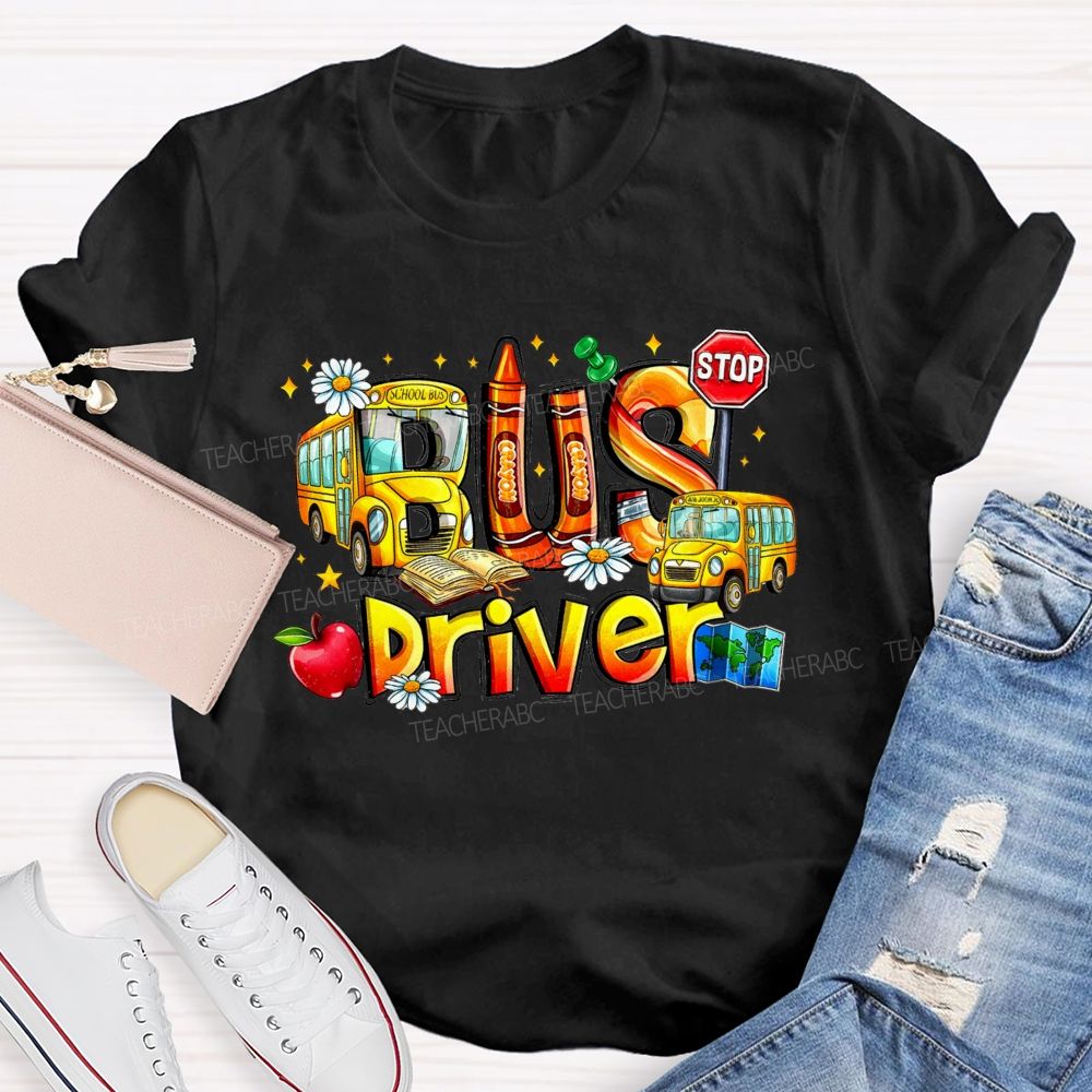 School Bus Driver Apple Daisy Stop Sign T-shirt