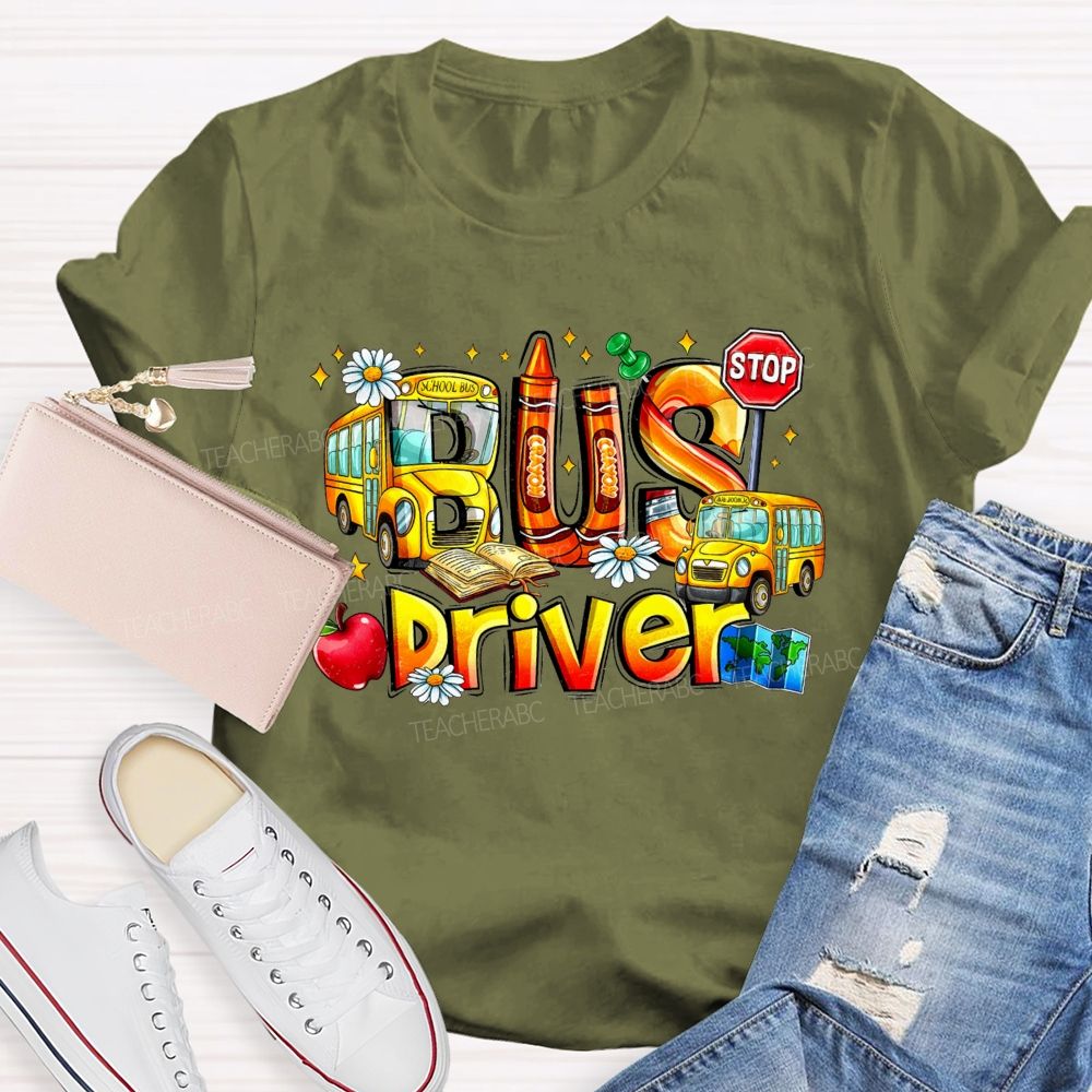 School Bus Driver Apple Daisy Stop Sign T-shirt