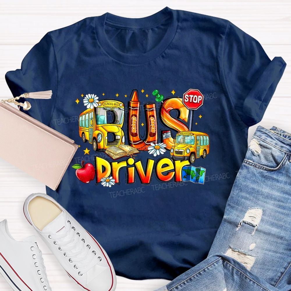 School Bus Driver Apple Daisy Stop Sign T-shirt