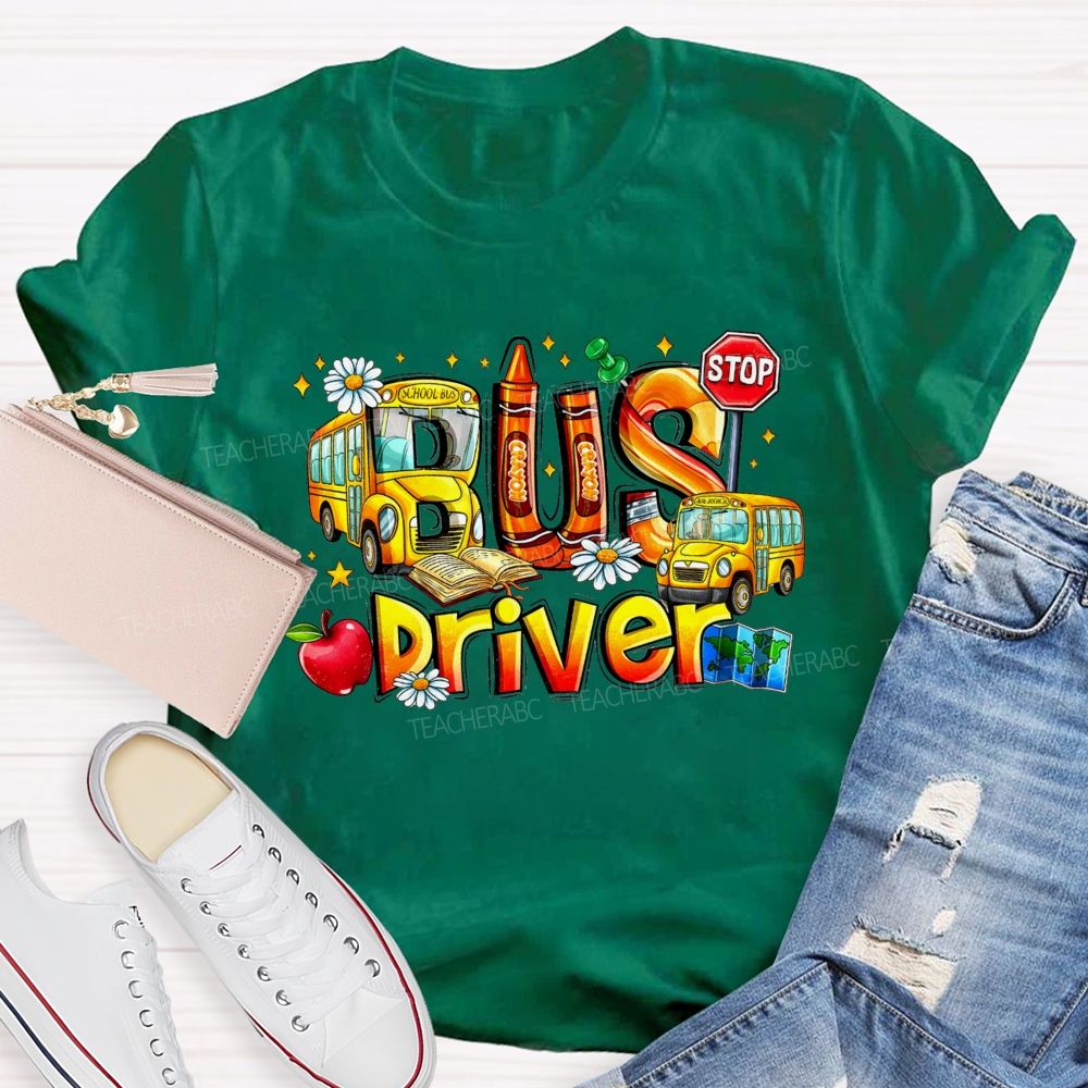 School Bus Driver Apple Daisy Stop Sign T-shirt