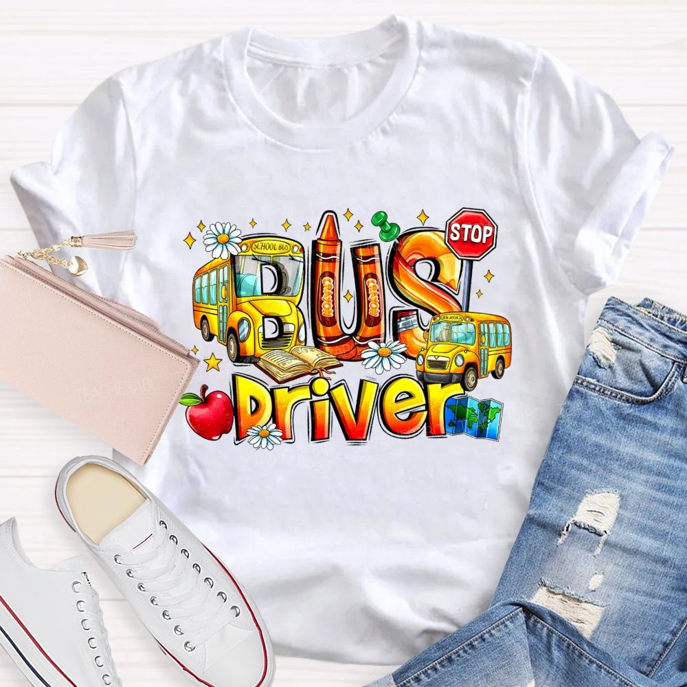 School Bus Driver Apple Daisy Stop Sign T-shirt
