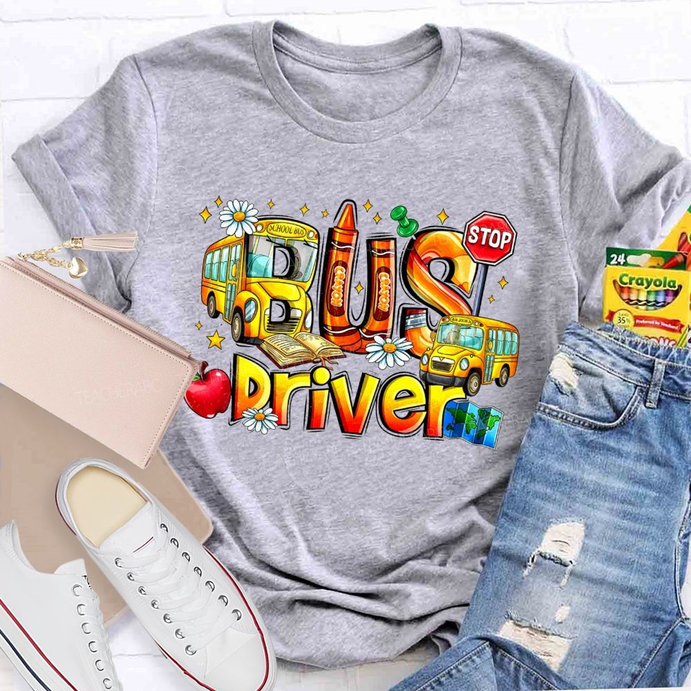 School Bus Driver Apple Daisy Stop Sign T-shirt