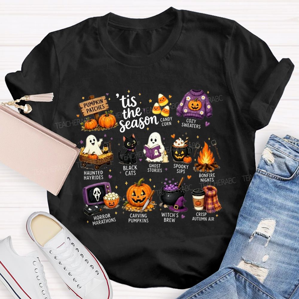 Tis The Season Fall Halloween Bucket List Teacher T-shirt