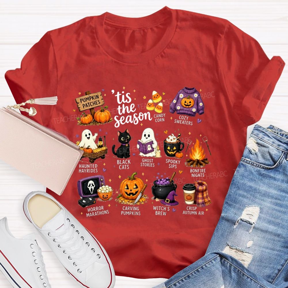 Tis The Season Fall Halloween Bucket List Teacher T-shirt