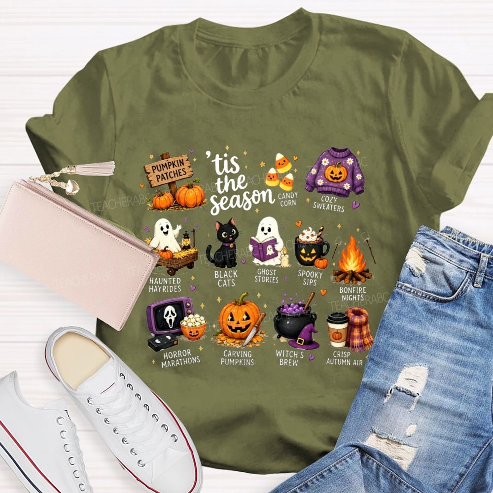 Tis The Season Fall Halloween Bucket List Teacher T-shirt