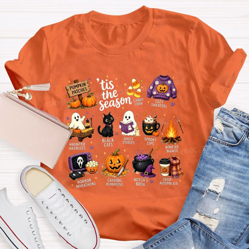 Tis The Season Fall Halloween Bucket List Teacher T-shirt