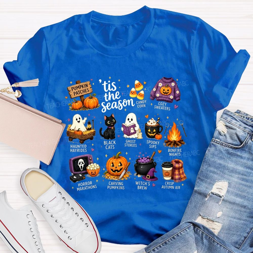 Tis The Season Fall Halloween Bucket List Teacher T-shirt