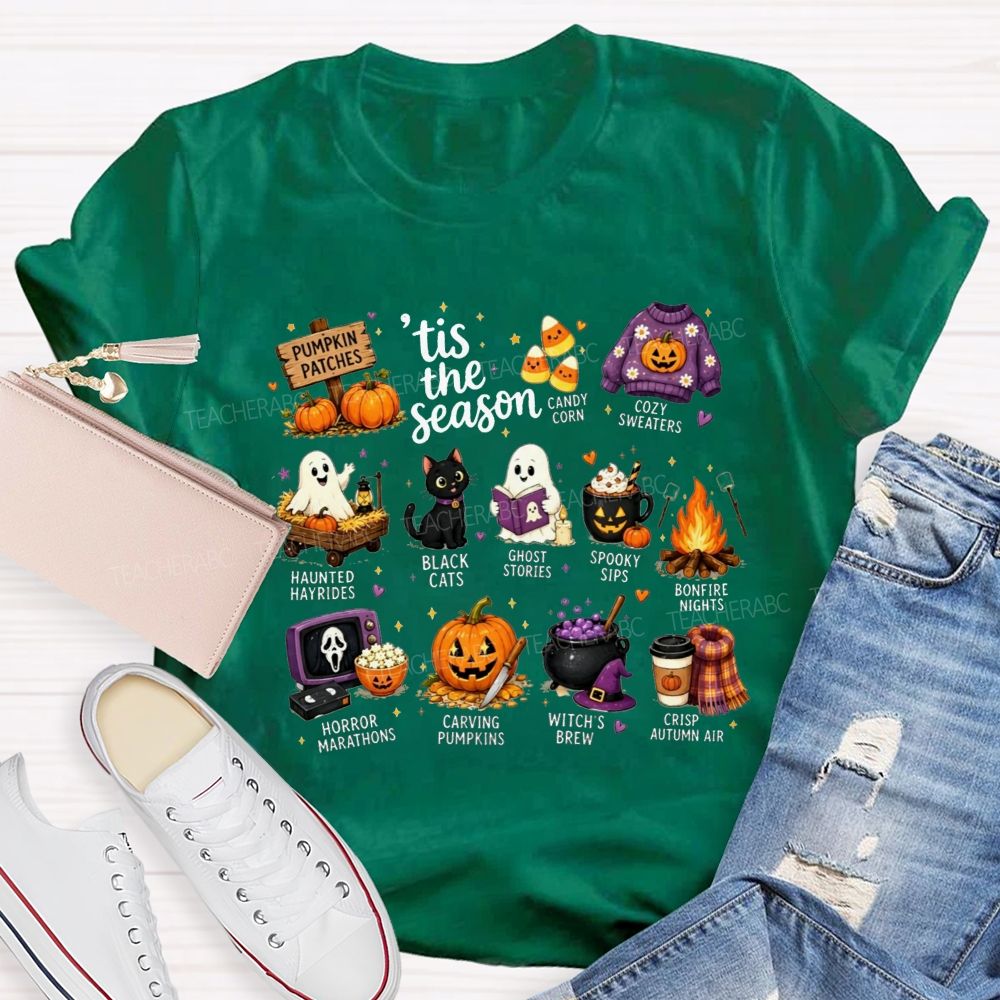 Tis The Season Fall Halloween Bucket List Teacher T-shirt