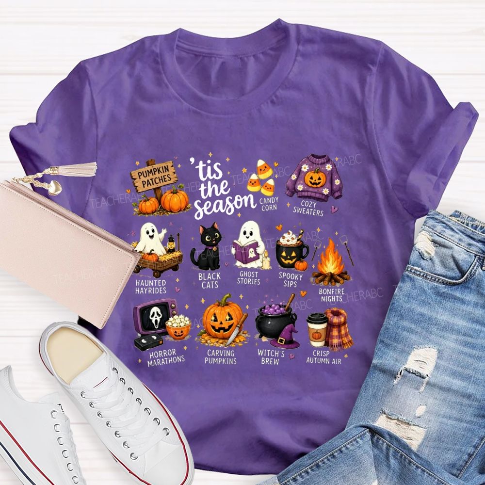 Tis The Season Fall Halloween Bucket List Teacher T-shirt