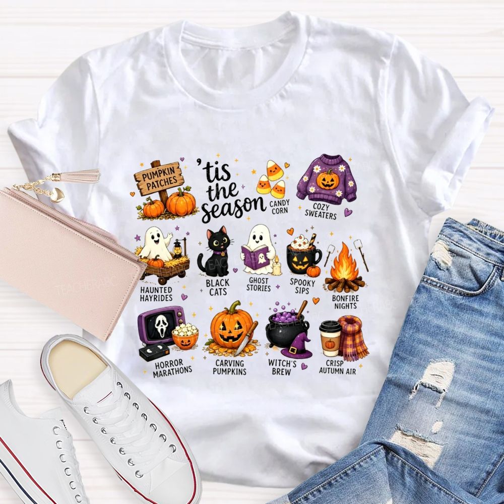 Tis The Season Fall Halloween Bucket List Teacher T-shirt