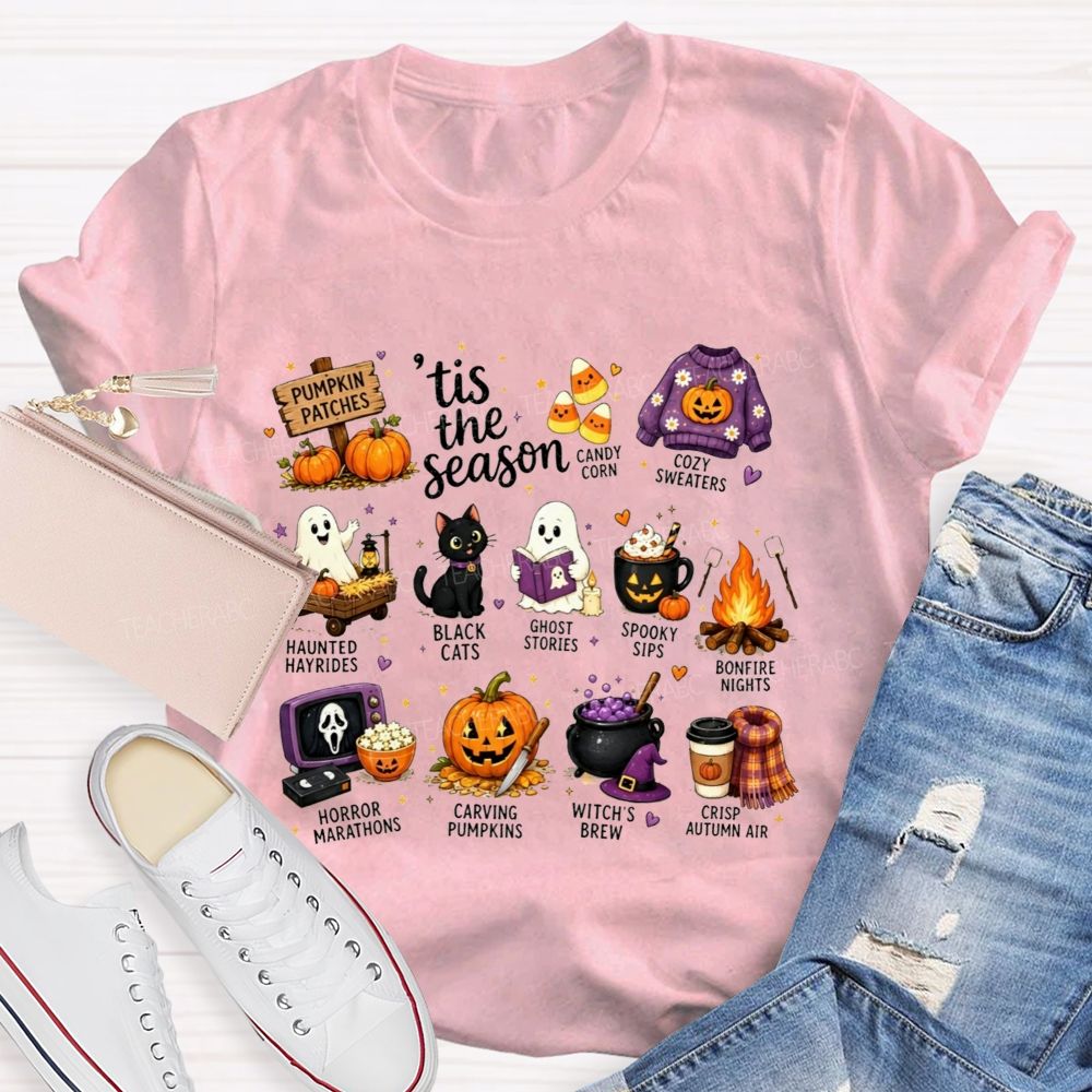 Tis The Season Fall Halloween Bucket List Teacher T-shirt