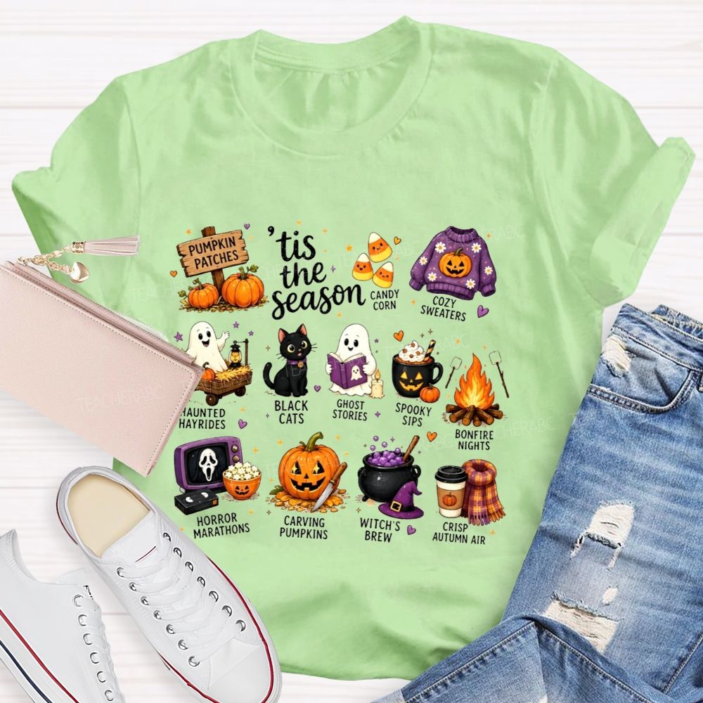 Tis The Season Fall Halloween Bucket List Teacher T-shirt