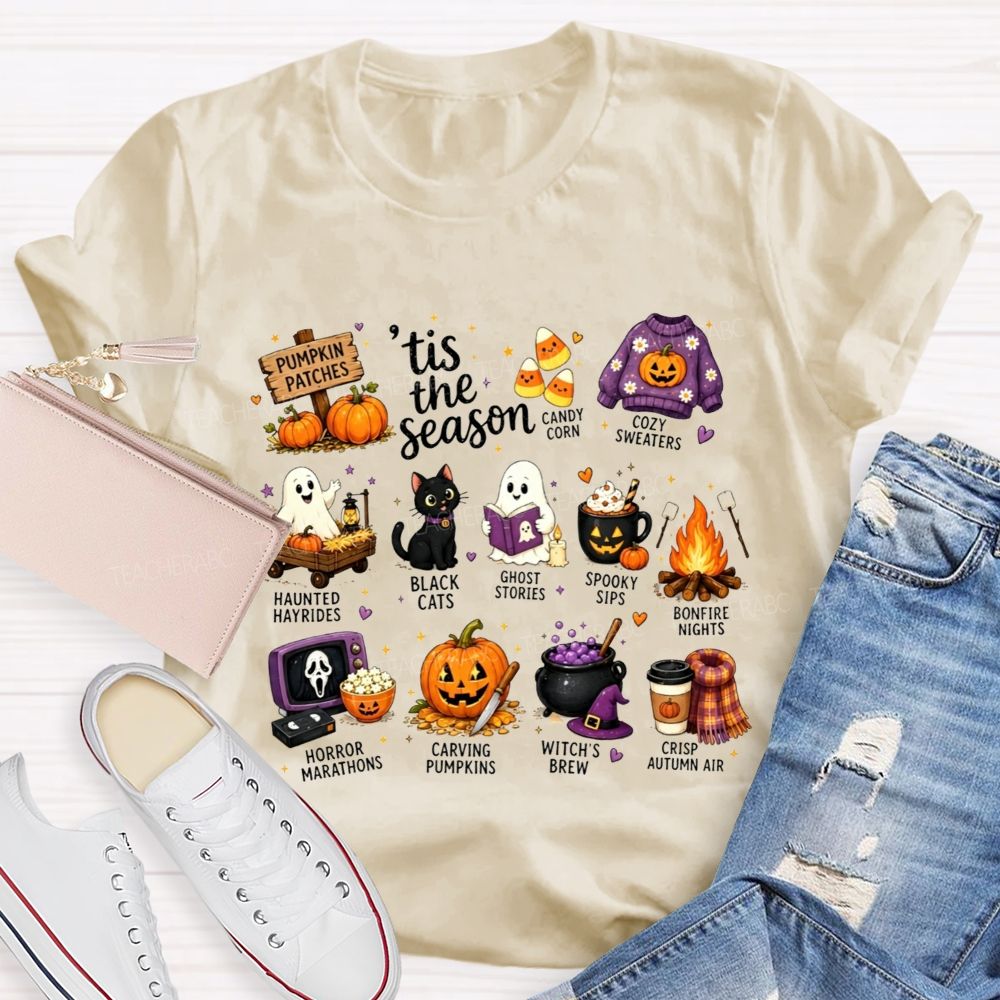 Tis The Season Fall Halloween Bucket List Teacher T-shirt