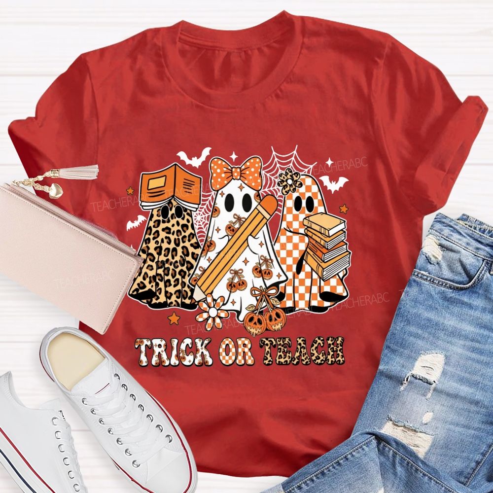 Trick Or Teach Halloween Book Ghost Leopard Checkered Teacher T-shirt