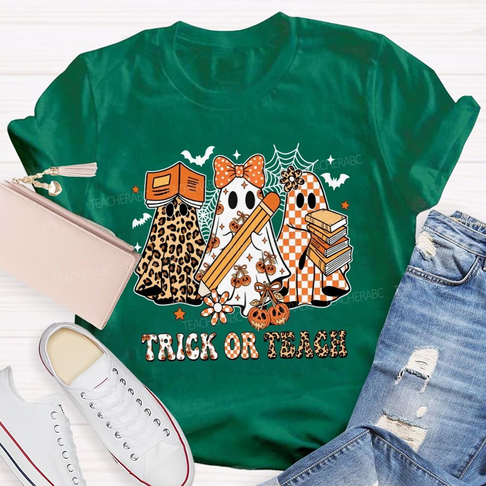 Trick Or Teach Halloween Book Ghost Leopard Checkered Teacher T-shirt