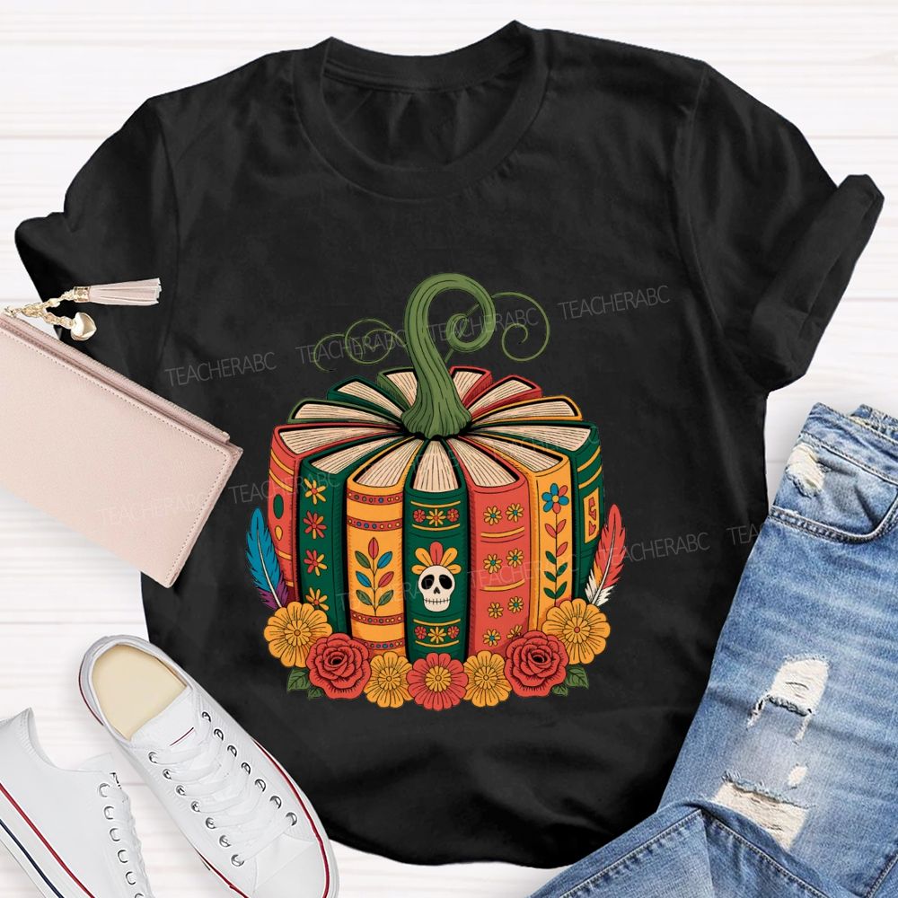 Boho Halloween Book Lover Pumpkin Teacher T-shirt