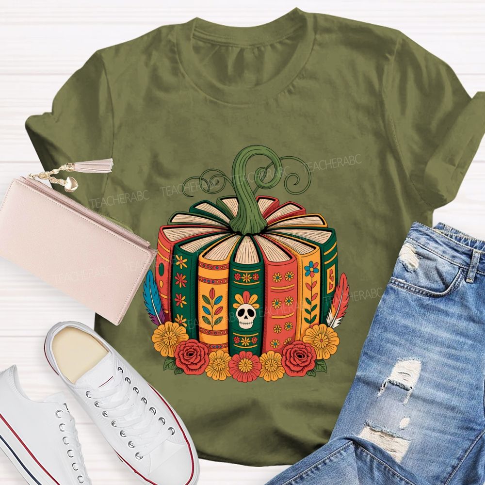 Boho Halloween Book Lover Pumpkin Teacher T-shirt
