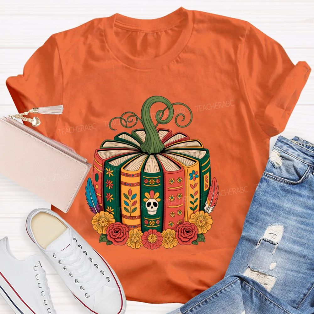 Boho Halloween Book Lover Pumpkin Teacher T-shirt