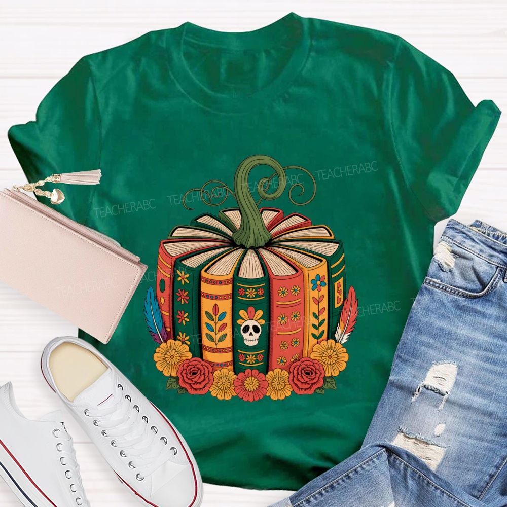 Boho Halloween Book Lover Pumpkin Teacher T-shirt