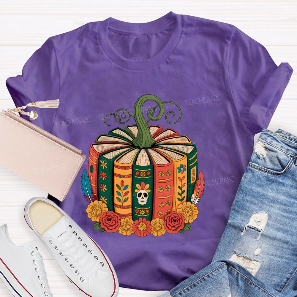 Boho Halloween Book Lover Pumpkin Teacher T-shirt