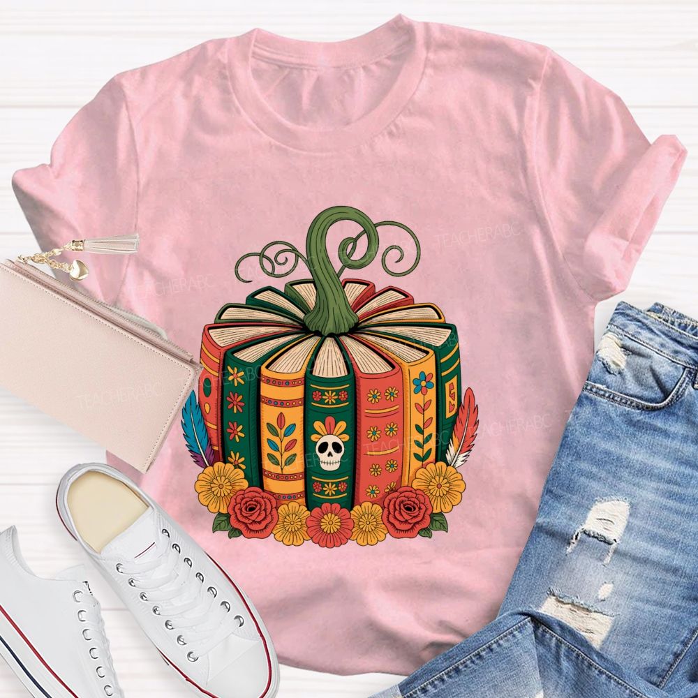 Boho Halloween Book Lover Pumpkin Teacher T-shirt