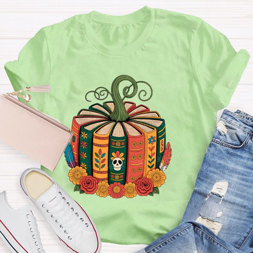 Boho Halloween Book Lover Pumpkin Teacher T-shirt