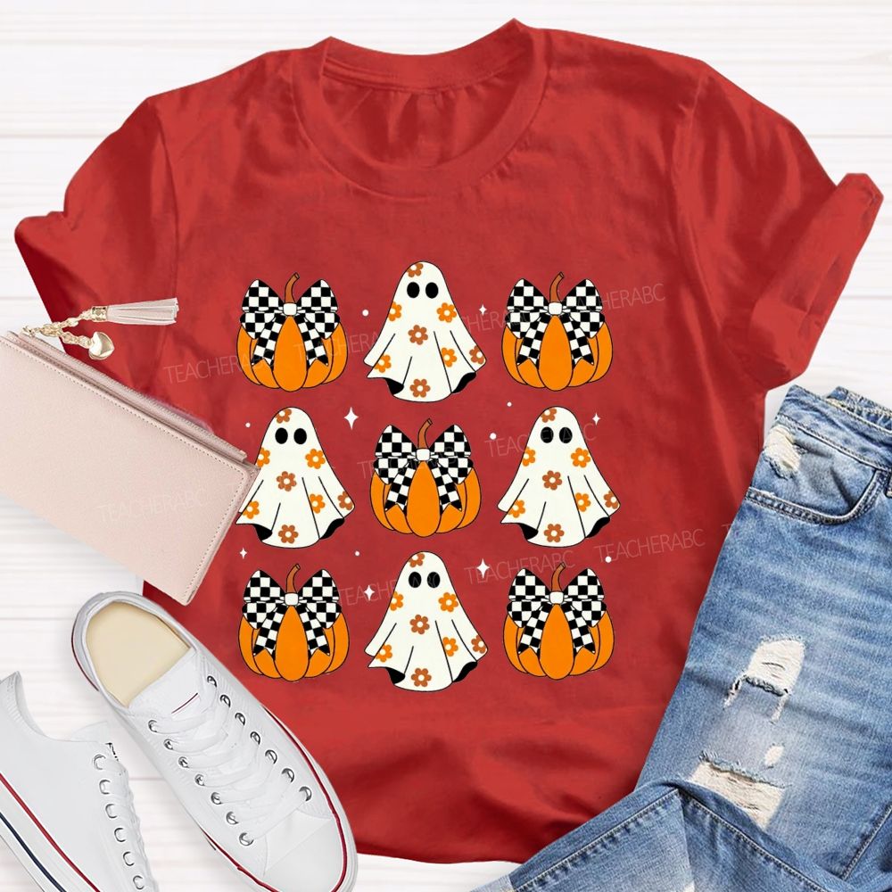 Floral Ghost Checkered Bow Pumpkin Halloween Teacher T-shirt