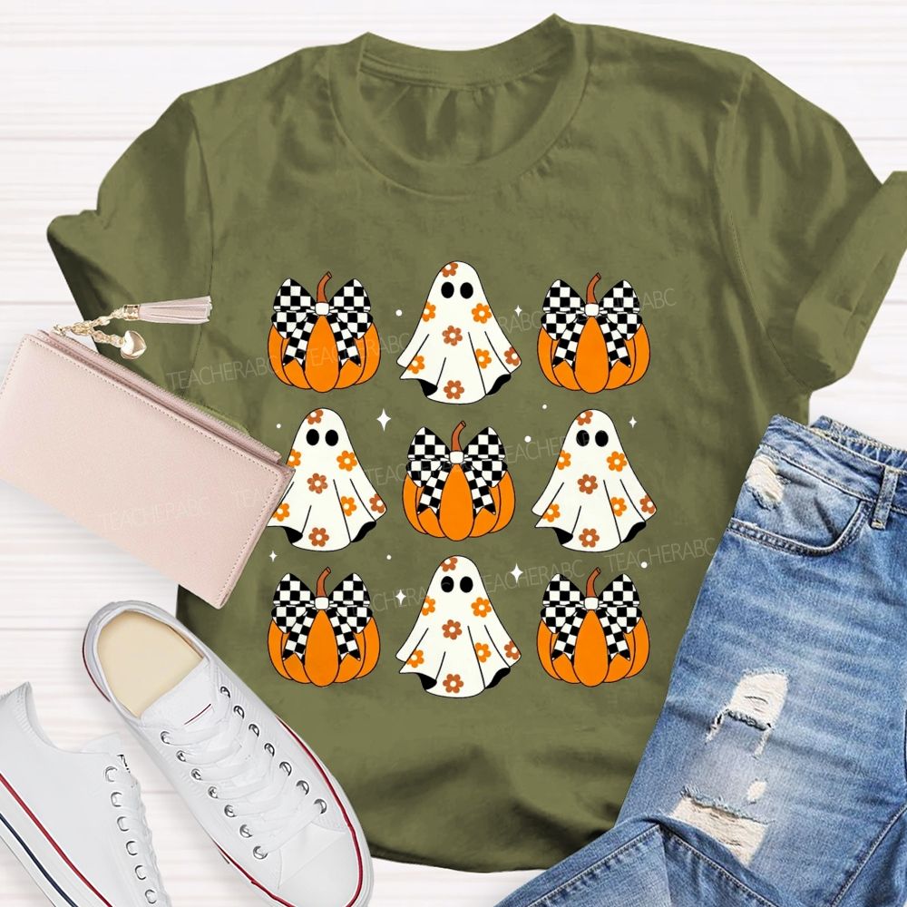 Floral Ghost Checkered Bow Pumpkin Halloween Teacher T-shirt